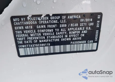 2016 Volkswagen Passat 1.8T Sel из США, поврежденный, VIN 1VWCT7A37GC066119